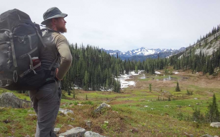a person wearing a backpack surveys the grassy meadow and mountains before them